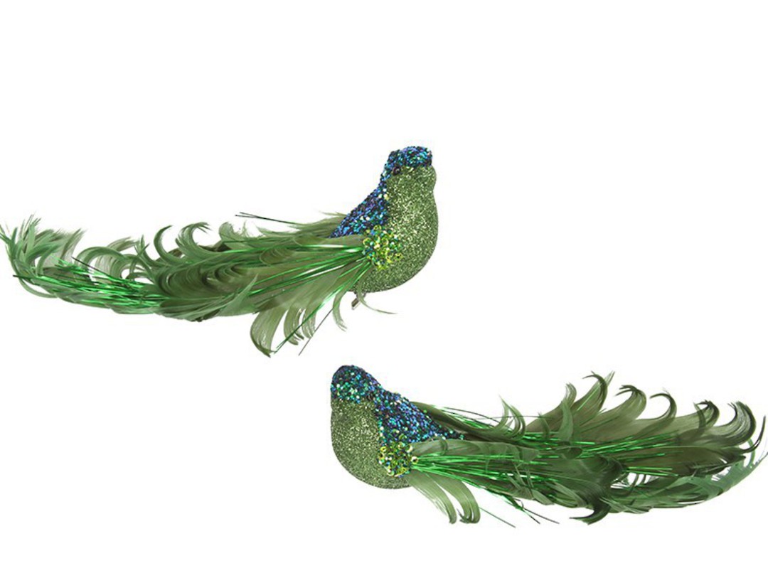 Clip, Green Glitter & Curly Feather Bird 14cm image 0